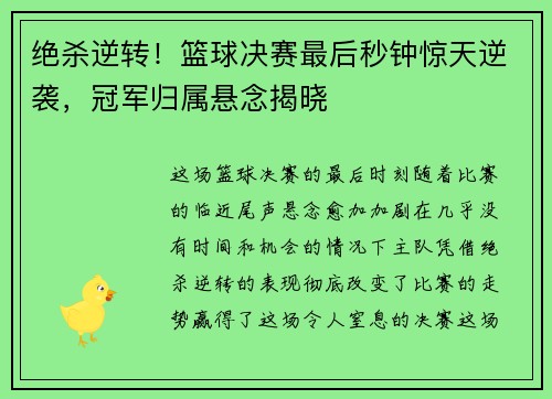 绝杀逆转！篮球决赛最后秒钟惊天逆袭，冠军归属悬念揭晓